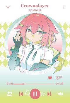 1girl absurdres arknights black_gloves black_jacket character_name crownslayer_(arknights) dopperu_ben earbuds earphones elbow_gloves fingerless_gloves floppy_ears gloves hair_ornament hairclip highres hyena_ears hyena_girl jacket looking_at_viewer red_eyes red_hair shirt short_hair short_sleeves solo user_interface white_shirt