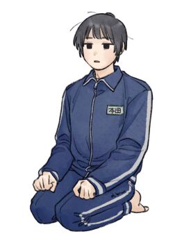 1boy axis_powers_hetalia barefoot black_eyes black_hair blue_jacket blue_pants clenched_hands collared_jacket commentary_request empty_eyes full_body half-closed_eyes highres jacket japan_(hetalia) looking_afar male_focus mi_aph_to open_mouth pants seiza short_hair simple_background sitting solo track_jacket track_pants track_suit white_background zipper