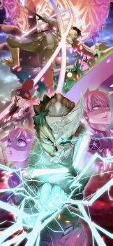 2girls 4boys absurdres ammunition_pouch angry armor ashiro_mina attack_trail beak belt belt_pouch black_hair bodysuit boots building claws clenched_hand clenched_teeth commentary dual_wielding electricity eye_in_mouth eye_trail flying forked_eyebrows glowing glowing_eye green_eyes hair_ornament hibino_kafka hibino_kafka_(kaiju_form) high_ponytail highres holding holding_sword holding_weapon horns hoshina_soshiro ichikawa_reno kaiju kaiju_no._ten kaijuu_no._8 light_particles light_trail looking_at_viewer mask mole mole_under_eye monster_boy multiple_boys multiple_girls nibitashi-tanuki night night_sky one-eyed one_eye_closed orb partial_transformation ponytail pouch purple_eyes red_eyes respirator reverse_grip scales sharp_teeth shinomiya_isao shinomiya_kikoru shoulder_armor single_horn skull skull_head sky slashing spiked_hair sweat sword teeth thigh_pouch thigh_strap tongue v-shaped_eyebrows veins weapon white_hair zipper