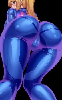 Rule 34 | 1girl, ass, ass focus, black background, blonde hair, blue bodysuit, bodysuit, breasts, cameltoe, from behind, from below, high ponytail, highres, large breasts, long hair, looking back, metroid, nintendo, ponytail, samus aran, simple background, skin tight, solo, thighs, volyz, zero suit