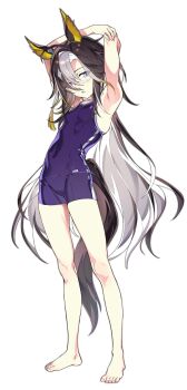 1girl animal_ears armpits arms_up artist_request bare_legs barefoot black_hair blonde_hair blue_eyes breasts collarbone dream_journey_(umamusume) ear_ornament feet female_focus flat_chest full_body glasses hair_between_eyes hair_over_one_eye highres horse_ears horse_girl horse_tail knee_blush legs loli long_hair looking_at_viewer multicolored_hair navel one-piece_swimsuit open_mouth purple_one-piece_swimsuit purple_shorts sexually_suggestive shorts simple_background sleeveless small_breasts solo solo_focus stretching swimsuit tail thighs toes tracen_swimsuit two-tone_hair umamusume very_long_hair white_background white_hair