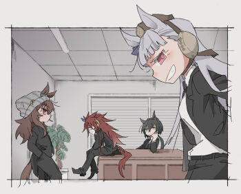 Rule 34 | 4girls, animal ears, beanie, beer hsk, black hair, black jacket, black necktie, black pants, black shoes, border, braid, brown eyes, brown hair, collared shirt, commentary request, crown braid, ears through headwear, gold ship (umamusume), green eyes, grey border, grey hat, grin, hair between eyes, hat, horse ears, horse girl, horse tail, indoors, jacket, kin'iro ryotei (umamusume), long hair, mask, mouth mask, multiple girls, nakayama festa (umamusume), necktie, orfevre (old design) (umamusume), pants, profile, shirt, shoes, smile, striped clothes, striped headwear, tail, umamusume, vertical-striped clothes, vertical-striped headwear, very long hair, white shirt