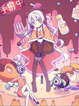 1girl blush bottle brown_gloves brown_hat brown_pantyhose brown_skirt cake cloak commentary_request donut elbow_gloves fingerless_gloves food fork full_body fur-trimmed_cloak fur_trim gloves hands_on_own_knees hat highres long_hair looking_at_viewer magical_girl mahou_shoujo_madoka_magica mahou_shoujo_madoka_magica:_hangyaku_no_monogatari momoe_nagisa momoe_nagisa_(magical_girl) orange_cloak orange_eyes pantyhose parted_lips pill pink_hair polka_dot polka_dot_pantyhose red_shoes ruru_(rurumagi) shoes skirt solo standing suspender_skirt suspenders twitter_username