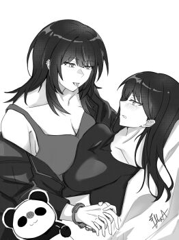 2girls absurdres bang_dream! bang_dream!_it&#039;s_mygo!!!!! blush breast_press breasts cleavage commentary cuffs ear_piercing handcuffs hashtag-only_commentary highres jacket large_breasts mole mole_under_eye multiple_girls piercing shiina_taki smile stuffed_animal stuffed_panda stuffed_toy symmetrical_docking tank_top tongue tongue_out washiemma1 yahata_umiri yuri