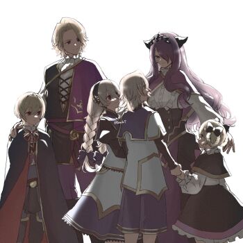 3boys 3girls aged_down black_hairband black_horns blonde_hair braid brother_and_sister brothers camilla_(fire_emblem) camilla_(young_beauty)_(fire_emblem) female_corrin_(fire_emblem) female_corrin_(young_kinship)_(fire_emblem) male_corrin_(fire_emblem) male_corrin_(young_kinship)_(fire_emblem) elise_(fire_emblem) elise_(sparkling_smile)_(fire_emblem) fake_horns fire_emblem fire_emblem_fates fire_emblem_heroes grey_hair hair_over_one_eye hair_rings hairband highres horns leo_(fire_emblem_fates) leo_(young_sprout)_(fire_emblem_fates) long_hair multiple_boys multiple_girls nintendo official_alternate_costume one_eye_covered pointy_ears purple_eyes purple_hair rarudo7 red_eyes short_hair siblings simple_background sisters twin_braids twitter_username white_background xander_(fire_emblem) xander_(focused_firstborn)_(fire_emblem)