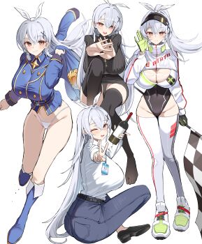 1girl absurdres ass black_leotard black_thighhighs bottle breasts checkered_flag chozgum cleavage collared_shirt commission denim flag grey_hair highleg highleg_leotard highres holding holding_bottle holding_flag jeans lanyard large_breasts leotard original panties pants race_queen shirt shoes skirt sneakers string_panties thighhighs thighs underwear v white_panties white_shirt white_shoes wine_bottle