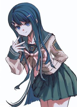 1girl aqua_sailor_collar aqua_skirt arm_behind_back blue_eyes blue_hair bow bowtie closed_mouth commentary cowboy_shot danganronpa:_trigger_happy_havoc danganronpa_(series) hair_ornament hairclip highres hishaku_(hisyakusama) long_hair long_sleeves maizono_sayaka miniskirt pink_bow pink_bowtie pleated_skirt sailor_collar school_uniform serafuku shirt skirt sleeves_past_wrists smile solo very_long_hair white_shirt