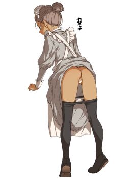 1girl anus apron ass back bar_censor black_pantyhose brown_hair censored character_name clothes_lift clothes_pull commentary_request dress dress_lift expressionless from_behind full_body grey_hair gundam gundam_gquuuuuux hair_bun hamao highres kanchana maid panties panty_pull pantyhose pantyhose_pull pussy simple_background solo tiptoes underwear white_panties