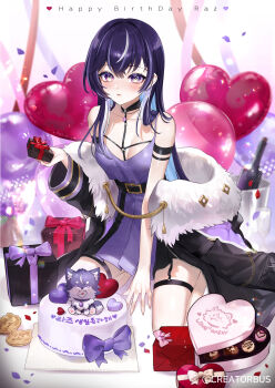 Rule 34 | 1girl, absurdres, arm strap, balloon, bare shoulders, belt, between legs, black choker, black jacket, breasts, cake, choker, cleavage, dress, food, fur trim, hand between legs, heart balloon, hibiwa, highres, jacket, long hair, looking at viewer, medium breasts, multicolored hair, off shoulder, purple dress, purple eyes, purple hair, raz (v-lup), sleeveless, sleeveless dress, solo, streaked hair, v-lup, very long hair, virtual youtuber