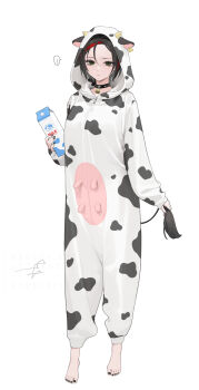 1girl absurdres animal_costume barefoot bell bird black_choker black_hair choker commentary_request cow_costume cowbell crow crow_(nikke) drink_carton feet full_body goddess_of_victory:_nikke highres holding holding_milk_carton milk_carton neck_bell ohisashiburi piercing short_hair simple_background solo white_background