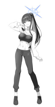 1girl abs absurdres bandeau belly black_bandeau black_hair black_pants blue_archive blue_halo blunt_bangs breasts colored_inner_hair commentary_request grin halo high_ponytail highres inui_kentarou large_breasts looking_at_viewer monochrome multicolored_hair navel pants ponytail saori_(blue_archive) shoes shrug_(clothing) sidelocks simple_background smile sneakers solo standing thai_commentary white_background white_shrug