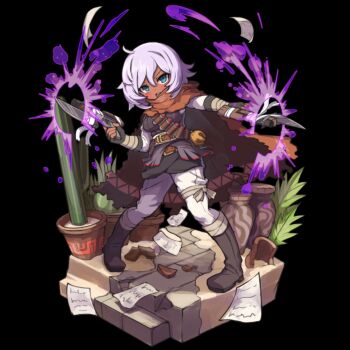 1girl ahoge bandaged_arm bandages belt black_background blush bob_cut boots breasts brown_belt brown_cloak cactus cloak dark-skinned_female dark_skin dual_wielding fingerless_gloves firing flower_pot full_body gloves grey_boots grey_gloves grey_jacket gun hair_between_eyes highres holding holding_gun holding_weapon jacket large_breasts long_sleeves merc_storia merc_storia_art_team official_art open_mouth pants paper rafika_(merc_storia) shirt simple_background sleeveless sleeveless_jacket solo standing stone_floor tachi-e teeth upper_teeth_only v-shaped_eyebrows weapon white_hair white_pants white_shirt