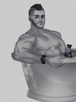 arm_hair bara bathtub beard_stubble black_hair call_of_duty call_of_duty:_modern_warfare_2 facial_hair greyscale highres large_pectorals looking_at_viewer male_focus mature_male monochrome muscular muscular_male mustache_stubble neick_hitlz nipples nude pectorals rubber_duck short_hair smile soap_(modern_warfare_2) stubble thick_eyebrows undercut upper_body