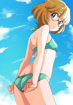 1girl aqua_bikini ass bikini blue_eyes blue_sky breasts brown_hair closed_mouth cloud commentary cowboy_shot day from_behind glasses highres ichinose_minori looking_back outdoors precure round_eyewear short_hair sky small_breasts solo standing swimsuit tropical-rouge!_precure uraki