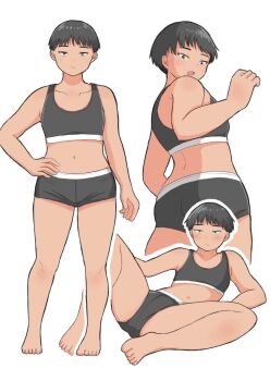 1girl :/ ass barefoot black_hair black_panties black_sports_bra boyshort_panties breasts commentary_request expressionless hand_on_own_hip highres navel noe_aoikaba open_mouth original panties pixie_cut short_hair small_breasts sports_bra spread_legs tan thick_arms underwear very_short_hair