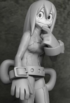 10s 1girl 3d asui_tsuyu belt blush boku_no_hero_academia eyelashes female_focus figure frog_girl gloves greyscale hair_between_eyes hair_rings long_hair long_tongue model monochrome monster_girl solo tongue tongue_out