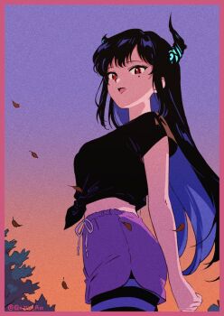 1girl autumn_leaves black_hair black_shirt blue_hair breasts commentary_request cowboy_shot demon_horns eyelashes film_grain garu_an hololive hololive_english horns leaf long_hair looking_at_viewer medium_breasts midriff mole mole_under_eye multicolored_hair nerissa_ravencroft purple_eyes purple_shorts purple_sky shirt short_sleeves shorts sky solo tied_shirt two-tone_hair virtual_youtuber
