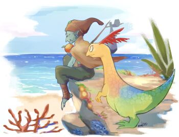 1girl artist_name barnacle beach brown_capelet brown_hat capelet chrono_cross clawed_feet closed_eyes colored_skin commentary coral creature dwarf food fruit full_body green_pants green_skin hat holding holding_food holding_fruit komodo_dragon_(chrono_cross) mekyo old old_woman pants phrygian_cap pointy_ears profile sack sitting smile sprigg_(chrono_cross) stick symbol-only_commentary