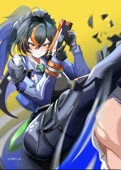 Rule 34 | 1girl, azuki pii, black gloves, black hair, blue jacket, blush, checkered necktie, collared shirt, commentary request, gloves, gun, hair between eyes, hairband, high-waist pants, highres, holding, holding gun, holding weapon, jacket, metal hairband, multicolored hair, necktie, orange eyes, orange streaks, pants, parted lips, police, police badge, police uniform, policewoman, ponytail, red streaks, shirt, solo, streaked hair, tight clothes, tight pants, weapon, zenless zone zero, zhu yuan