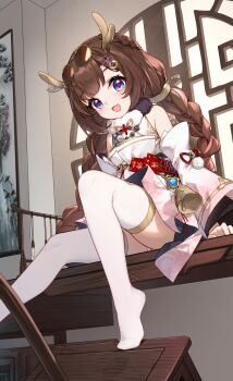 1girl absurdres bell blue_eyes braid brown_hair child coin_hair_ornament detached_sleeves eastern_dragon_horns hair_ornament highres indoors lattice loli long_hair looking_at_viewer no_shoes official_alternate_costume open_mouth original pantyhose qianze_chia red_pupils sitting smile solo sunglasses symbol-shaped_pupils triangle-shaped_pupils twin_braids white_pantyhose window