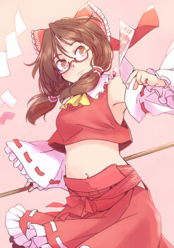 1girl :3 armpits ascot between_fingers blush bow brown_eyes clothing_cutout commentary_request cosplay cowboy_shot detached_sleeves frilled_bow frilled_hair_tubes frilled_shirt_collar frilled_skirt frills gohei hair_bow hair_tubes hakurei_reimu hakurei_reimu_(cosplay) hand_up hip_vent holding holding_gohei light_blush long_hair odaibako ofuda ofuda_between_fingers orange_background outie_navel rangycrow red-framed_eyewear red_bow red_shirt red_skirt ribbon-trimmed_skirt ribbon-trimmed_sleeves ribbon_trim shirt sidelocks sideways_glance skirt solo stomach touhou usami_sumireko yellow_ascot