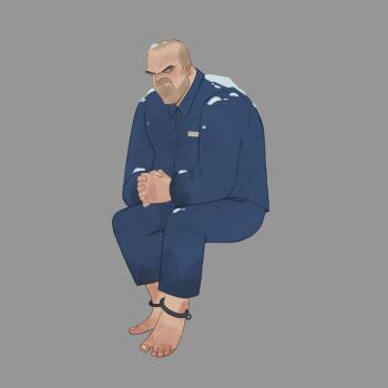 Rule 34 | 1boy, ankle cuffs, barefoot, beard stubble, blue pants, blue shirt, collared shirt, facial hair, frown, full body, furrowed brow, grey background, highres, interlocked fingers, jim hopper, male focus, mature male, own hands clasped, own hands together, pants, prison clothes, prisoner, rudy hill, shaved head, shirt, sitting, snow, solo, stranger things, stubble
