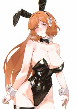 Rule 34 | 1girl, absurdres, animal ears, bare shoulders, black bow, black bowtie, black hairband, black leotard, bow, bowtie, breasts, commentary, detached collar, english commentary, fake animal ears, hair bow, hairband, heavy breathing, highres, ishmael (project moon), large breasts, leotard, limbus company, long hair, o-ring, o-ring thigh strap, orange hair, playboy bunny, project moon, rabbit ears, sidelocks, spoon b, thigh strap, very long hair, whtie bow, wrist cuffs