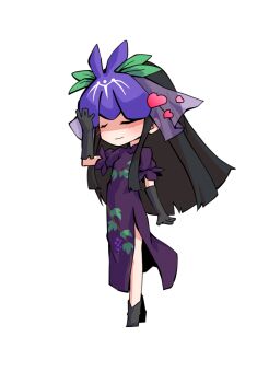 Rule 34 | 1girl, black gloves, black hair, blush, chibi, chibi only, china dress, chinese clothes, closed eyes, commentary request, dairi, dress, food print, fruit print, full body, gloves, hand up, large variant set, long hair, long sidelocks, puffy short sleeves, puffy sleeves, purple dress, short sleeves, sidelocks, simple background, smile, solo, tachi-e, touhou, transparent background, variant set, vine print, yomotsu hisami