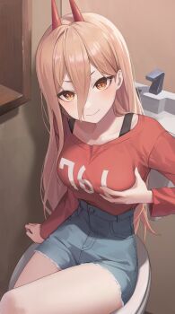 >:) 1girl absurdres bathroom black_bra blonde_hair blue_shorts blush bra breasts chainsaw_man closed_mouth collarbone cross-shaped_pupils demon_horns denim denim_shorts grabbing_another's_breast grabbing_own_breast groping hair_between_eyes hair_over_shoulder highres horns irain_(_irain_) long_hair looking_at_viewer orange_eyes power_(chainsaw_man) red_shirt shirt shorts sidelocks sink sitting smile symbol-shaped_pupils toilet underwear v-shaped_eyebrows