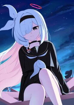 Rule 34 | 1girl, absurdres, black choker, black hairband, black serafuku, black skirt, blue archive, bow, braid, choker, closed mouth, colored inner hair, green eyes, hair bow, hair over one eye, hairband, halo, highres, long hair, long sleeves, looking at viewer, multicolored hair, neckerchief, plana (blue archive), pleated skirt, red halo, red pupils, school uniform, serafuku, single braid, sitting, skirt, sky, smile, solo, star (sky), starry sky, very long hair, watakaze, white bow, white hair, white neckerchief