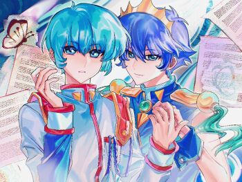 1boy 1girl aiguillette birthday blue_dress blue_eyes blue_hair blue_wrist_cuffs brother_and_sister bug butterfly chinese_commentary commentary dress insect jacket kaoru_kozue kaoru_miki long_sleeves meimeitou_tufei paper short_hair shoujo_kakumei_utena siblings sleeveless sleeveless_dress tiara twins white_jacket wrist_cuffs