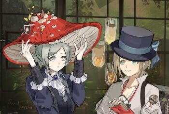 Rule 34 | 1boy, 1girl, :o, ascot, black coat, black hat, black vest, blonde hair, blue bow, blue eyes, boater hat, bow, coat, ezra theodore, freckles, gloves, grey eyes, grey hair, grin, hair bun, hands up, hat, hat bow, headwear switch, highres, indoors, looking at another, looking up, mushroom hat, procreate (medium), red gloves, red hat, reverse:1999, sandkessho, shirt, short hair, single side bun, smile, upper body, vertin (reverse:1999), vest, waistcoat, white ascot, white shirt, window