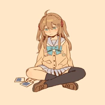 1girl ahoge asymmetrical_legwear bandaid bandaid_on_knee bandaid_on_leg black_socks black_thighhighs blue_bow blue_bowtie blue_eyes blue_sailor_collar blue_skirt blush bow bowtie brown_hair brown_shoes cardigan closed_mouth double-parted_bangs frown full_body hair_between_eyes hair_ornament hair_ribbon heart heart-shaped_pupils heart_hair_ornament highres indian_style loafers long_hair long_sleeves looking_at_object miniskirt neuro-sama pleated_skirt polaroid_photo red_ribbon ribbon rikokoooou sad sailor_collar shoes simple_background sitting skirt socks solo symbol-shaped_pupils tearing_up thighhighs two_side_up uneven_legwear vedal_ai virtual_youtuber yellow_background yellow_cardigan