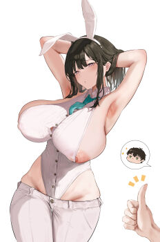 1boy 1girl absurdres animal_ears aqua_eyes armpits arms_up aruhi_(pyxk7325) black_hair blush breasts brown_eyes commentary_request highres large_breasts leotard long_hair looking_at_viewer nipple_slip nipples original pants parted_lips playboy_bunny pov pov_hands presenting_armpit rabbit_ears revealing_clothes ribbed_leotard shirt sidelocks simple_background spoken_character standing thumbs_up white_background white_leotard white_pants white_shirt