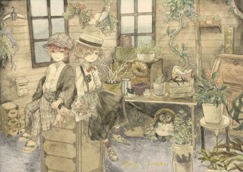 1boy 1girl acrylic_paint_(medium) blue_eyes bookshelf bouquet bow bowtie brown_hair closed_mouth commentary_request flower foliage fukashi_fugashi hat highres indoors karintoun original painting_(medium) pale_skin phonograph plant potted_plant red_hair sandals shirt shoes short_hair signature sitting stuffed_animal stuffed_toy teddy_bear traditional_media tree watercolor_(medium) white_shirt wooden_wall