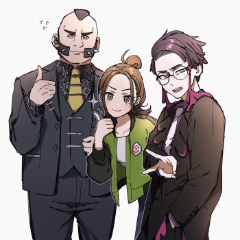 1girl 2boys black_coat black_hair black_pants black_suit black_vest brown_eyes brown_hair coat collarbone corbeau_(pokemon) formal_clothes glasses green_jacket hand_in_pocket harmony_(pokemon) highres iwawa jacket leaning_forward looking_at_viewer mohawk multiple_boys necktie nintendo open_mouth pants parted_bangs philippe_(pokemon) pokemon pokemon_legends:_z-a purple_hair shirt short_hair simple_background smile suit thumbs_up v vest white_background white_necktie white_shirt yellow_necktie