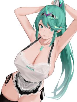 1girl apron areola_slip armpits arms_behind_head arms_up bare_shoulders black_panties black_thighhighs blush breasts chest_jewel cleavage collarbone female_focus green_eyes green_hair hair_ornament high_ponytail highres j@ck lace_trim large_breasts long_hair looking_at_viewer matching_hair/eyes nintendo panties pneuma_(xenoblade) ponytail side-tie_panties sideboob sidelocks simple_background skindentation solo spoilers swept_bangs thighhighs thighs tiara underwear very_long_hair white_apron white_background xenoblade_chronicles_(series) xenoblade_chronicles_2