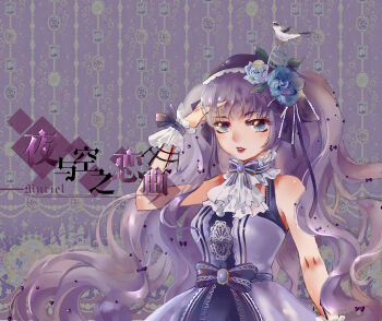 1girl absurdres animal animal_on_head aqua_eyes artist_name ascot bare_shoulders bird bird_on_head birdcage bow bowtie brooch cage castle character_name chinese_commentary commentary_request cowboy_shot dress expressionless eyelashes frilled_bow frilled_wrist_cuffs frills hair_bow hair_ornament hand_in_own_hair hand_on_own_head headscarf highres jewelry lace lace-trimmed_bowtie lace-trimmed_dress lace-trimmed_headwear lace_trim leaf_hair_ornament light_blush lipstick lolita_fashion long_hair makeup miracle_nikki muriel_miaoke nikki_(series) on_head parted_lips purple_background purple_bow purple_bowtie purple_dress purple_hair purple_headscarf purple_wrist_cuffs red_lips sleeveless sleeveless_dress solo song_of_night_sky_(miracle_nikki) standing teeth two_side_up variant_set very_long_hair waist_bow wavy_hair white_ascot wrist_bow wrist_cuffs