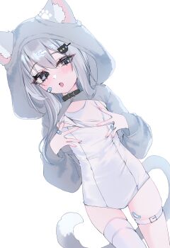 Rule 34 | 1girl, absurdres, animal ears, bandaid, bandaid on face, bandaid on leg, black choker, blue eyes, blush, breasts, cat ears, cat tail, chedisu, choker, cropped hoodie, grey hair, hennyano (nachoneko), highres, hood, hoodie, indie virtual youtuber, nachoneko, one-piece swimsuit, school swimsuit, small breasts, swimsuit, tail, thigh strap, thighhighs, thighs, tongue, virtual youtuber, white one-piece swimsuit, white thighhighs
