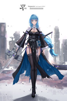 Rule 34 | 1girl, bare hips, belt, bible (object), blue eyes, blue hair, blue nails, blunt bangs, blurry, blurry background, breasts, building, city, cityscape, cleavage, concept art, cover, cover page, cross, cyberpunk, expressionless, full body, garter belt, garter straps, high heels, highres, holding, holding sword, holding weapon, katana, latin cross, long hair, long legs, long sleeves, low-tied long hair, medium breasts, nun, original, pelvic curtain, pumps, ruins, sanpaku, skyline, sword, tachi (weapon), thighhighs, thighs, tsurime, very long hair, weapon, wide sleeves, yuzuriha (atelier liang)