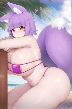1girl animal_ear_fluff animal_ears arm_support beach bikini blush breasts day dot_nose facial_mark fox_ears fox_girl highres huge_breasts lens_flare looking_at_viewer multiple_tails navel original outdoors plump shiny_skin short_hair sky solo swimsuit tail thick_thighs thighs water whisker_markings xiaodi yellow_eyes