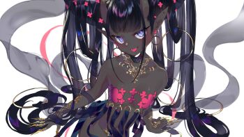 1girl bare_shoulders black_hair blue_eyes brown_horns claws dark-skinned_female dark_skin earrings artistic_error fangs flat_chest highres hoop_hair_ornament horns ibex jewelry looking_at_viewer oni_horns open_mouth original pointy_ears twintails upper_body white_background