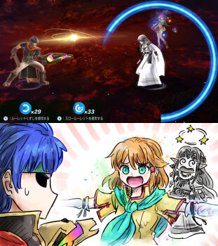 1boy 2girls @_@ blue_hair brother_and_sister brown_hair fire_emblem fire_emblem:_path_of_radiance game_screenshot_inset green_eyes green_headband headband highres ike_(fire_emblem) kicdon long_hair mist_(fire_emblem) multiple_girls neckerchief nintendo open_mouth pointy_ears princess_zelda short_hair siblings spiral-only_eyes super_smash_bros. the_legend_of_zelda the_legend_of_zelda:_a_link_between_worlds
