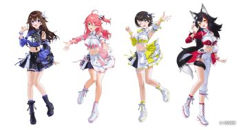 Rule 34 | 4girls, ahoge, animal ears, asymmetrical clothes, asymmetrical sleeves, black hair, black shirt, black skirt, blue eyes, boots, brown hair, collared shirt, color-coded, commentary request, copyright name, cropped shirt, detached sleeves, double-parted bangs, flipped hair, full body, green eyes, hair flaps, hair ornament, hairclip, highres, hololive, hololive idol uniform (color rise), kaoruko (unkrk55), lace-up boots, long hair, looking at viewer, low-tied long hair, midriff, miniskirt, mismatched sleeves, multicolored shirt, multiple girls, navel, official alternate costume, official art, one side up, ookami mio, oozora subaru, pants, pink hair, platform boots, puffy detached sleeves, puffy short sleeves, puffy sleeves, red streaks, sakura miko, shirt, short hair, short sleeves, sidelocks, simple background, single detached sleeve, single hair streak, single pantsleg, single sleeve, skirt, standing, swept bangs, tail, tail around own leg, tokino sora, very long hair, virtual youtuber, white background, white hair, white pants, white shirt, white skirt, wolf ears, wolf girl, wolf tail, x hair ornament, yellow eyes