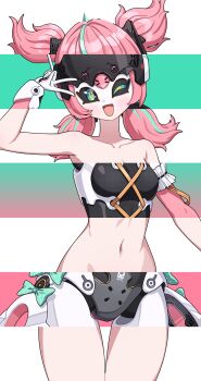 1girl :d absurdres aqua_streaks aria_(zenless_zone_zero) bare_shoulders black_bow bow commentary cowboy_shot cuteshiho gloves green_bow green_eyes highres humanoid_robot mechanical_ears multicolored_hair nude one_eye_closed open_mouth pink_hair robot robot_girl smile solo streaked_hair symbol-only_commentary v v_over_eye white_gloves zenless_zone_zero
