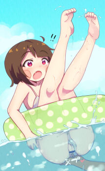 1boy 1girl :o ahoge barefoot bikini blush brown_hair censored chara_(undertale) cleft_of_venus clothing_aside drooling dutch_angle fang fingering heart heart-shaped_pupils hetero innertube kneepits legs legs_up loli molestation offscreen_person open_mouth panties panties_aside partially_underwater_shot pussy red_eyes renoa_yu short_hair stealth_fingering surprised swim_ring swimsuit symbol-shaped_pupils toe_scrunch undertale underwater underwear utdr_(toby_fox) water wet