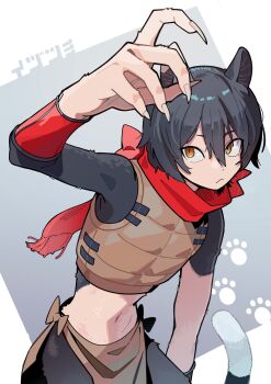 1girl :&lt; animal_ears armor black_fur black_hair body_fur bracer cat_ears cat_girl cat_tail character_name cowboy_shot dungeon_meshi fingernails from_above grey_background hand_up hanten_(hantennano) highres izutsumi leather_armor loincloth long_fingernails looking_up navel orange_eyes red_scarf scarf sharp_fingernails short_hair simple_background slit_pupils solo tail two-tone_background white_background