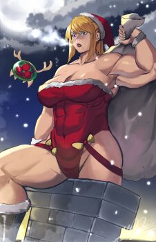 1girl absurdres bare_shoulders blonde_hair blue_eyes breasts christmas cleavage female_focus highres large_breasts leotard long_hair metroid metroid_(creature) mole mole_under_mouth muscular muscular_female nintendo ponytail puzzledartist samus_aran solo thick_thighs thighs
