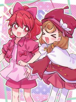 >_< 2girls :d ahoge aka_tsy alternate_hairstyle blush bow brown_hair buttons capelet chinese_commentary clenched_hand closed_eyes collared_jacket colorful_background commentary cosplay costume_switch cowboy_shot crossover dotted_background double-breasted dress facing_another fine_(futagohime) fine_(futagohime)_(cosplay) fingernails fushigiboshi_no_futago_hime fushigiboshi_no_futago_hime_gyu hair_behind_ear hair_between_eyes hair_bow hairstyle_switch happy hat hat_ornament hat_ribbon highres inukai_komugi inukai_komugi_(cosplay) jacket jacket_bow long_hair long_sleeves looking_at_another low_twintails multiple_girls open_clothes open_jacket open_mouth outline outstretched_arms pantyhose pink_background pink_bow pink_dress pink_ribbon pink_shorts pleated_dress pleated_skirt pom_pom_(clothes) pom_pom_hat_ornament ponytail precure puffy_short_sleeves puffy_sleeves purple_background red_eyes red_hair red_hat red_jacket ribbon royal_wonder_academy_school_uniform school_uniform short_sleeves shorts skirt smile sparkle_background standing twintails white_capelet white_outline white_pantyhose wide_sleeves wonderful_precure!