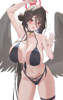 1girl absurdres bikini black_bikini black_choker black_hair black_wings blue_archive blush breasts choker cleavage commentary cowboy_shot feathered_wings hair_bun halo hasumi_(blue_archive) hasumi_(swimsuit)_(blue_archive) highres large_breasts long_hair miyo12 navel official_alternate_costume open_mouth red_eyes red_halo simple_background single_hair_bun solo swimsuit thigh_strap white_background wings